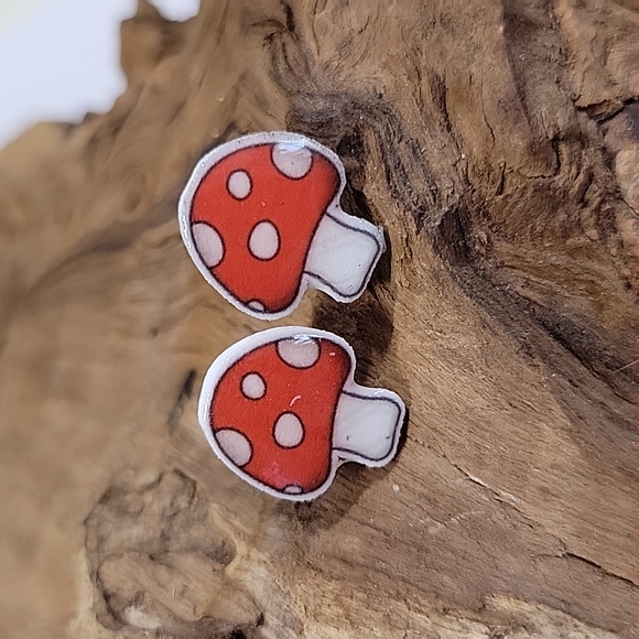 Hand Crafted Jewelry - Mushroom Stud Earrings, choice of red or pink